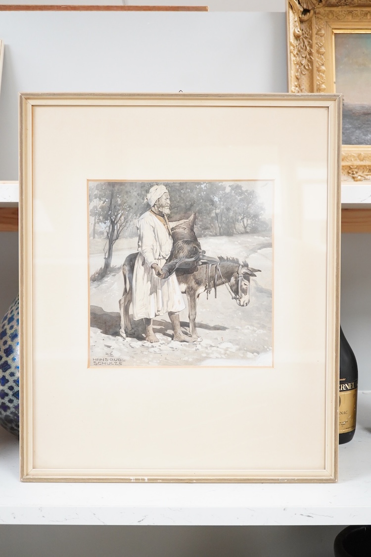 Hans Schulze, Figure beside a donkey, orientalist en grisaille, signed, watercolour, 23 x 23cm